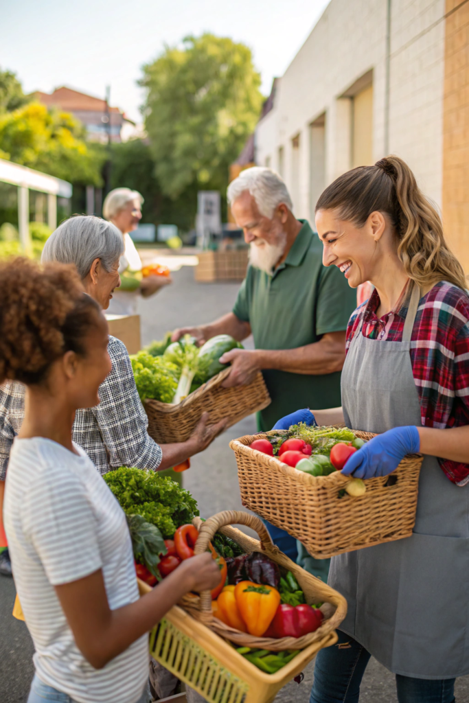 Famille se promenant sur un marché de plein air avec étals de fruits et légumes
