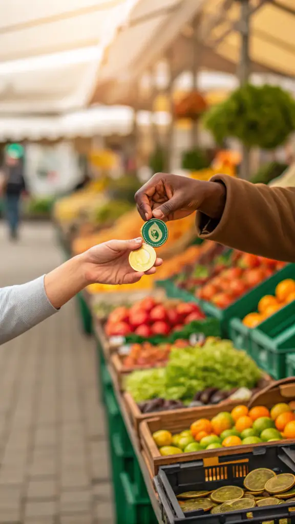 Échange d’un jeton/bon vert entre deux mains sur un étal de marché