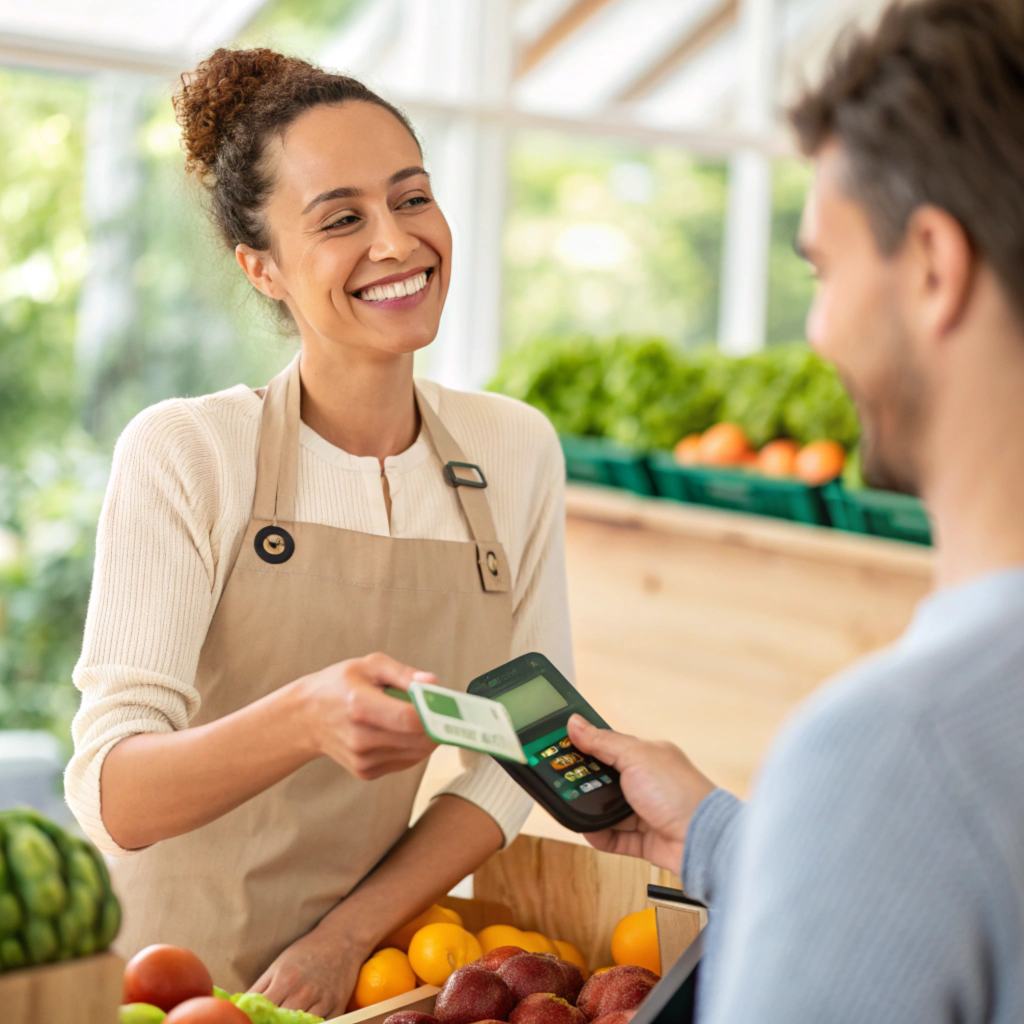 Commerçante souriante acceptant une carte de paiement au comptoir