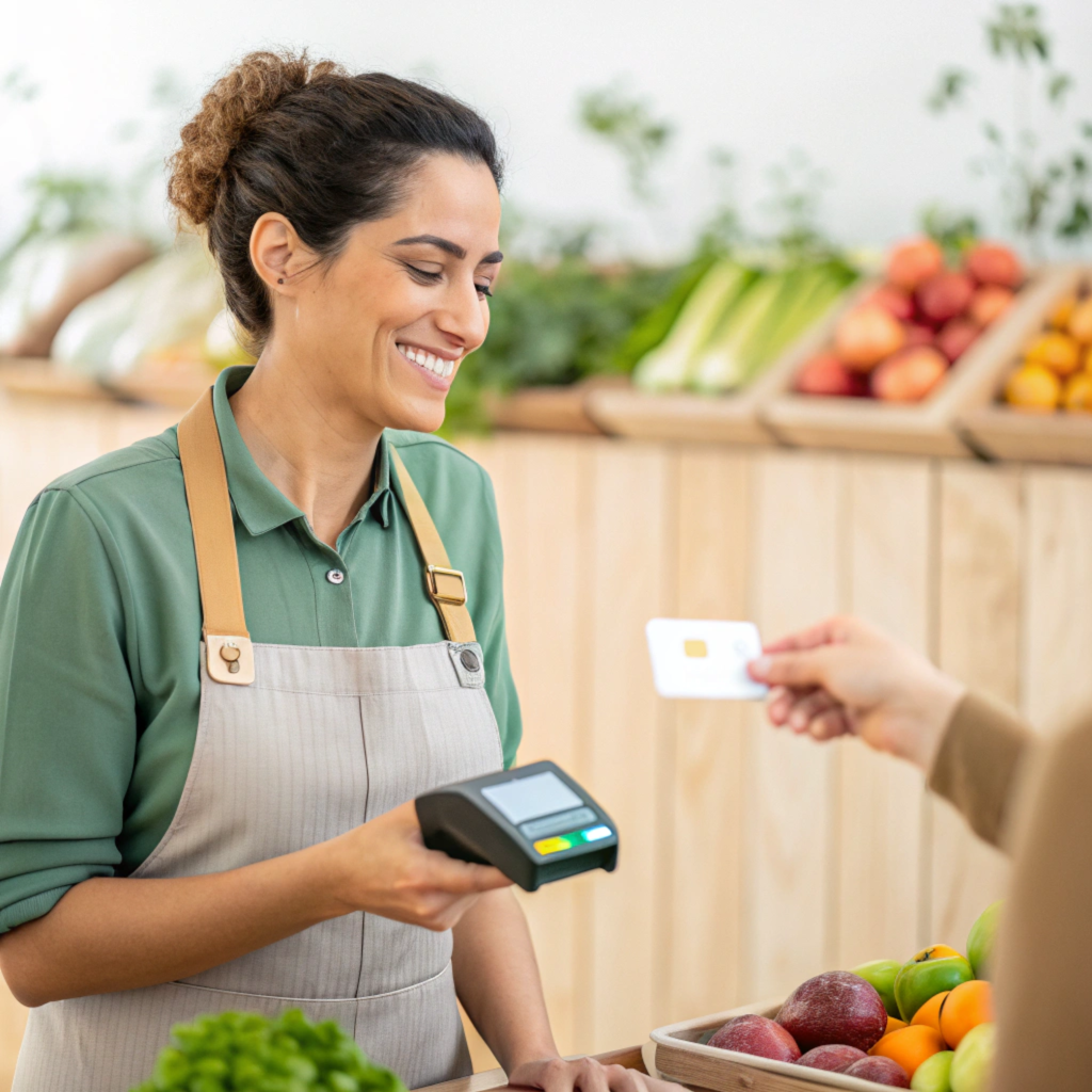 Commerçante souriante acceptant une carte de paiement au comptoir
