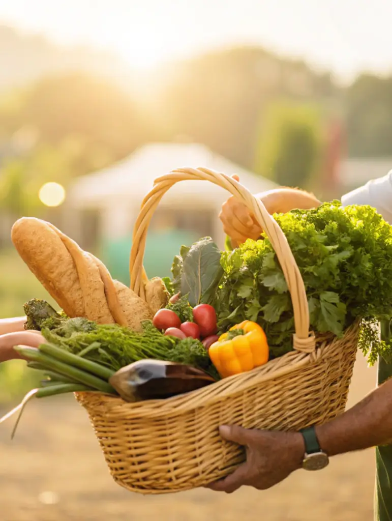 Panier en osier rempli de légumes de saison à la lumière dorée