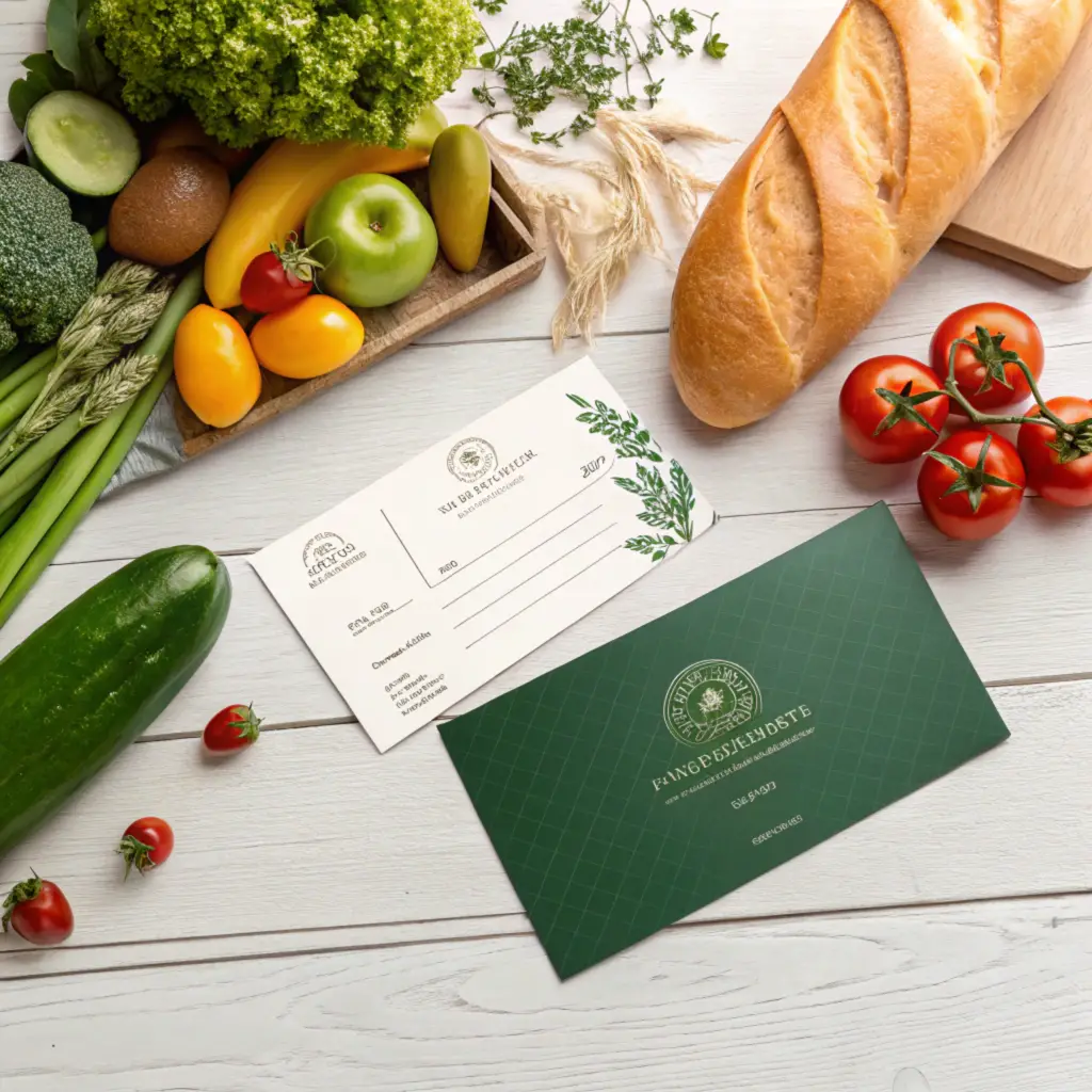 Chèques cadeaux verts et produits frais sur planche claire