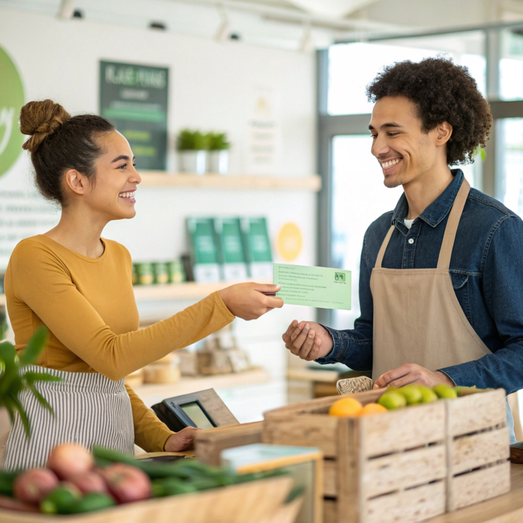 Paiement sans contact sur TPE avec carte verte chez un commerçant