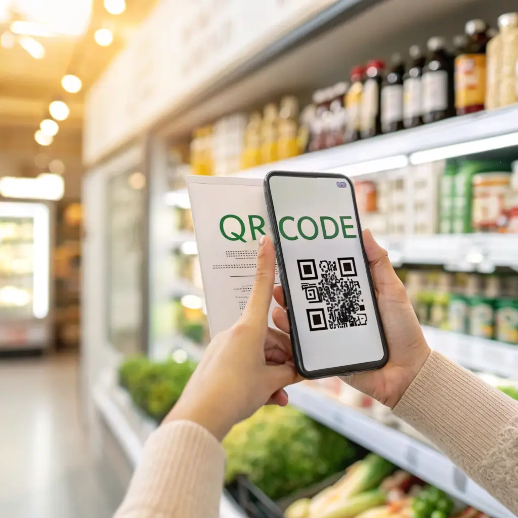Main présentant un QR code sur smartphone dans un rayon d’épicerie