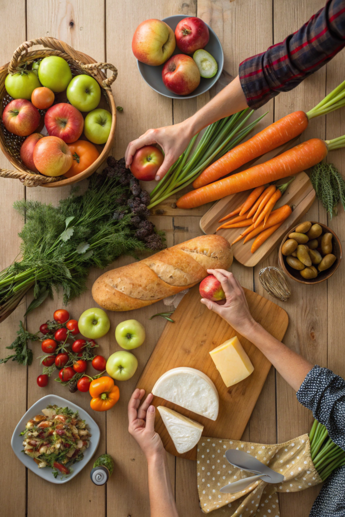 Plan de travail avec paniers de légumes, baguette et balance de cuisine