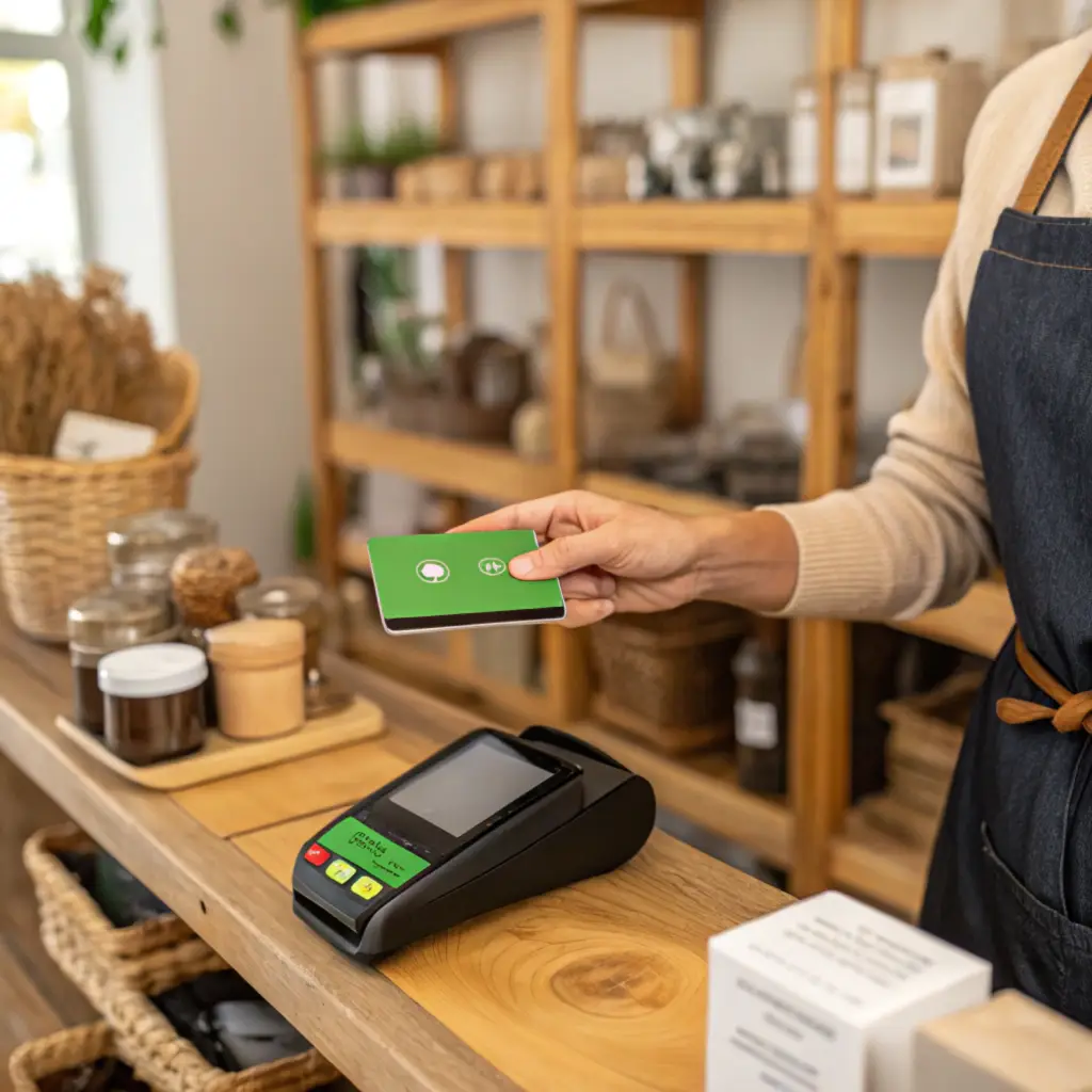 Paiement sans contact sur TPE avec carte verte chez un commerçant